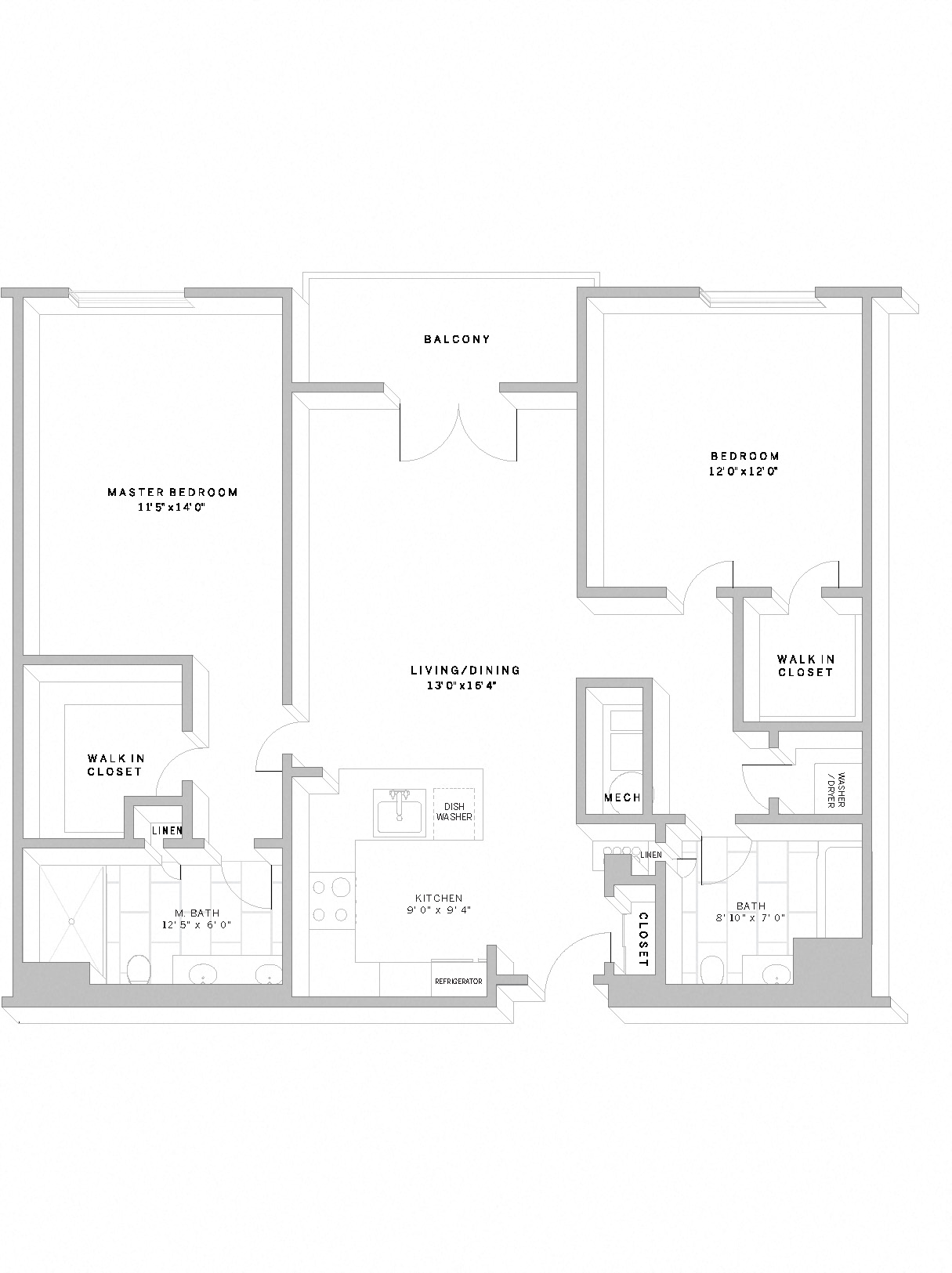 Floor plan for 2 beds, 2 baths, 1150 sqft